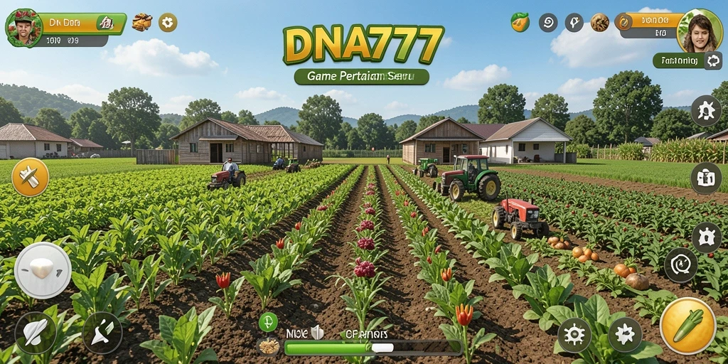 Tampilan gameplay menarik dengan ladang yang subur dan hewan ternak.