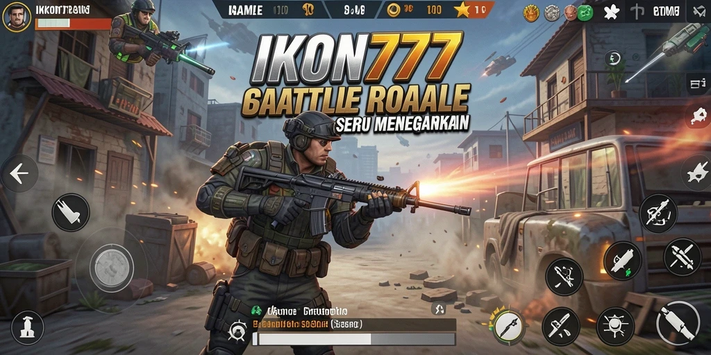 Tampilan utama gameplay seru IKON777 di medan perang Battle Royale.