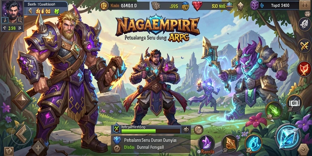 Tampilan gameplay NAGAEMPIRE yang menakjubkan saat bertarung.