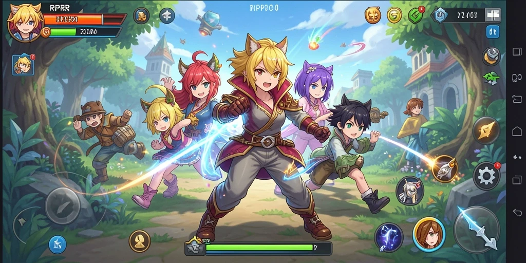 Tangkapan layar utama gameplay RPRR menampilkan karakter anime yang beraksi.